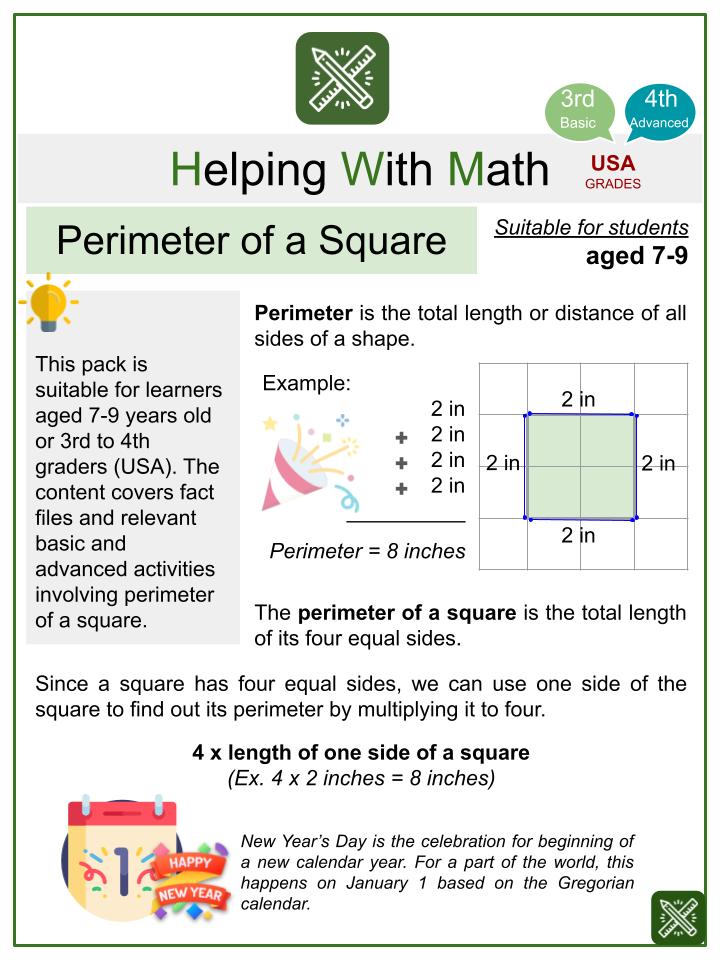 Perimeter of a Square (New Year's Day Themed) Math Worksheets