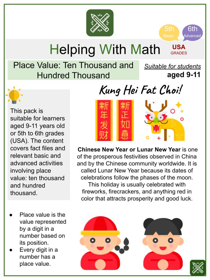 Place Value: Ten Thousand and Hundred Thousand (Chinese New Year Themed) Math Worksheets