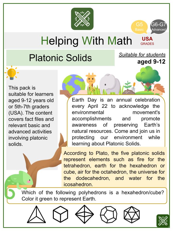 Platonic Solids (Earth Day Themed) Math Worksheets