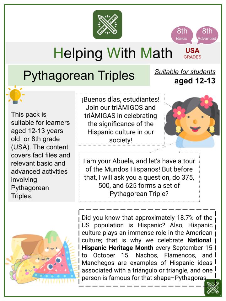 Pythagorean Triples (National Hispanic Heritage Month Themed) Math Worksheets