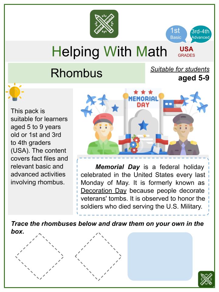 Rhombus (Memorial Day Themed) Math Worksheets