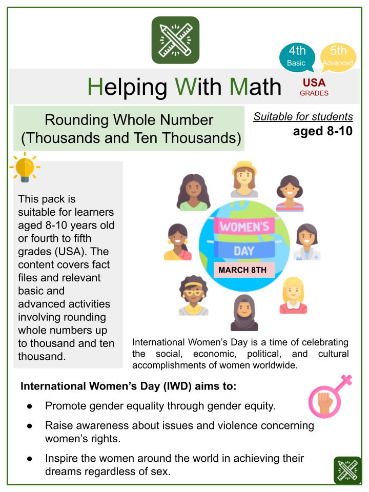 Rounding Whole Numbers (Thousands and Ten Thousands) (International Women's Day Themed) Math Worksheets