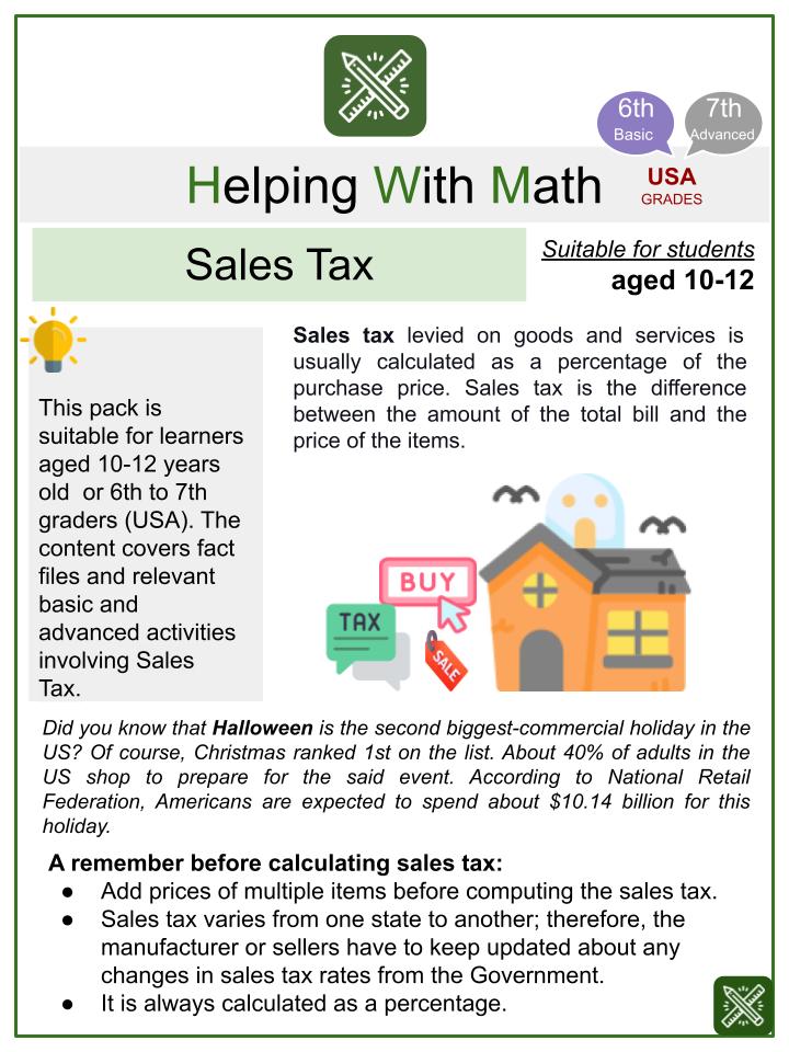 Sales Tax (Halloween Themed) Math Worksheets