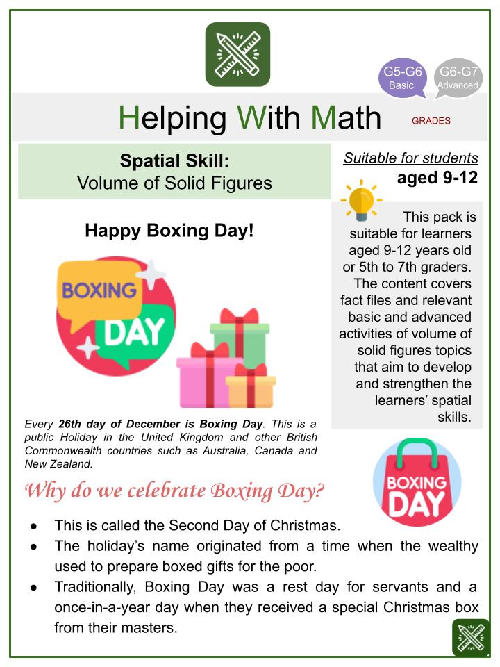 Spatial Skill: Volume of Solid Figures (Boxing Day Themed) Worksheets