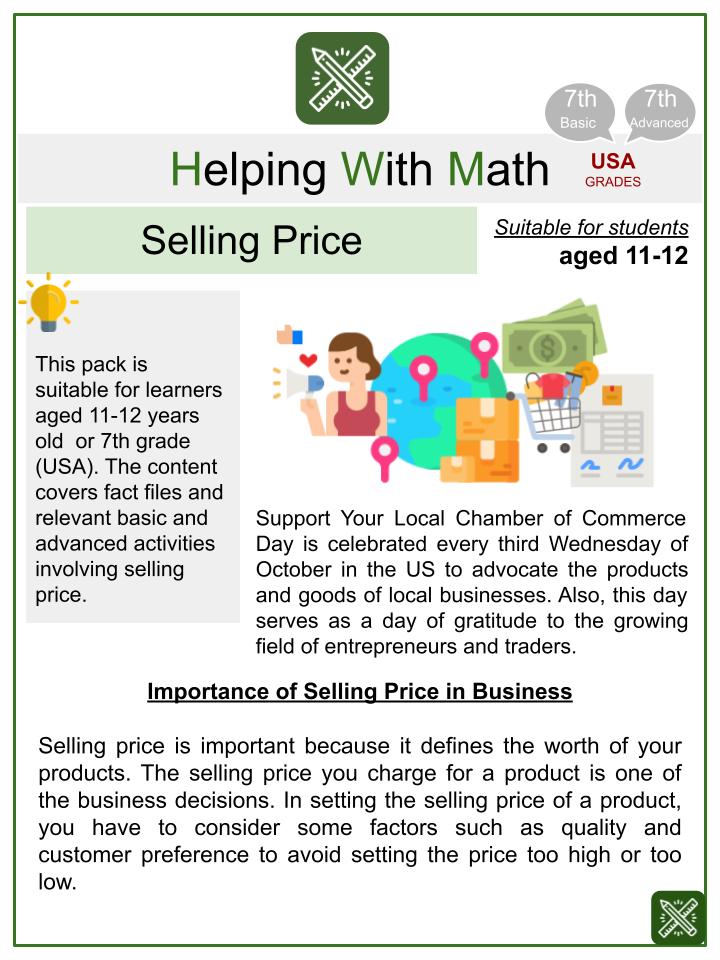 Selling Price (Local Chamber of Commerce Day Themed) Math Worksheets