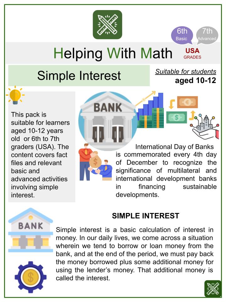 Simple Interest (International Day of Banks Themed) Math Worksheets