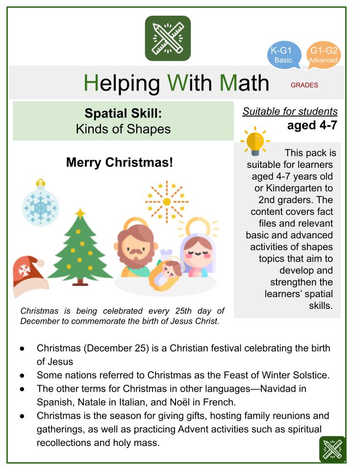 Kinds of Shapes (Christmas Themed) Math Worksheets