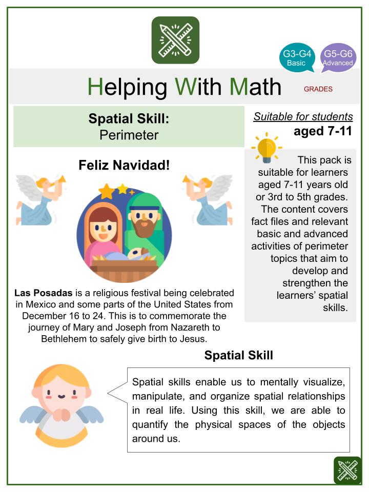 Spatial Skills: Perimeter (Las Posadas Themed) Math Worksheets