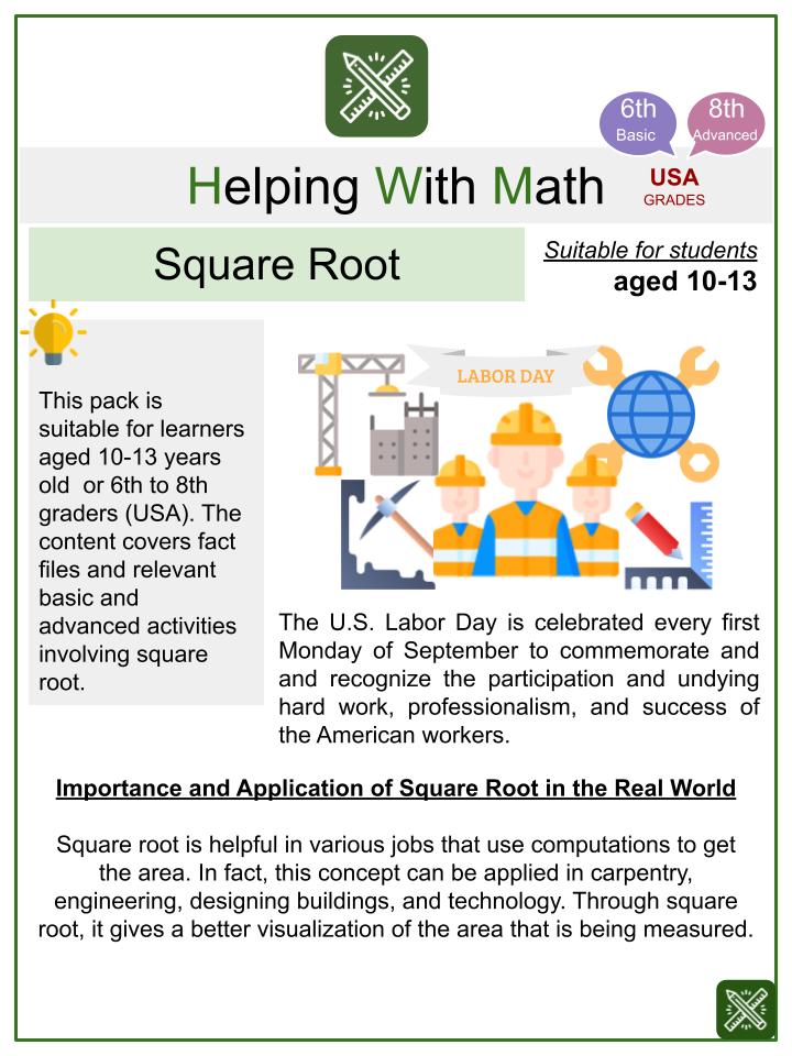 Square Root (Labor Day Themed) Math Worksheets