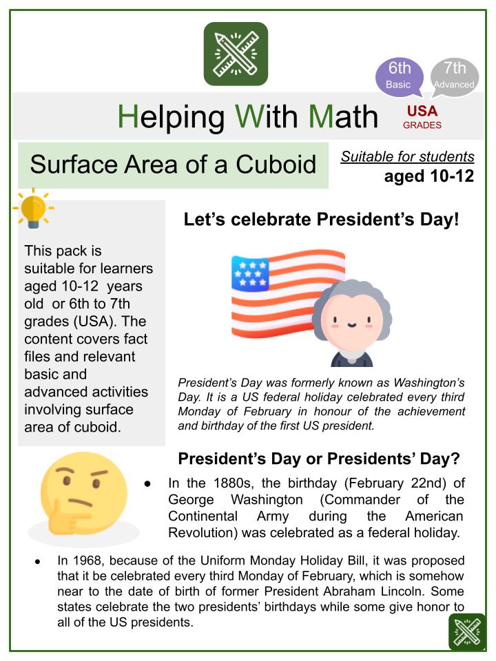 Surface Area of a Cuboid (President's Day Themed) Math Worksheets