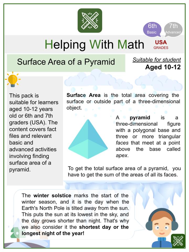Surface Area of a Pyramid (Winter Solstice Themed) Math Worksheets
