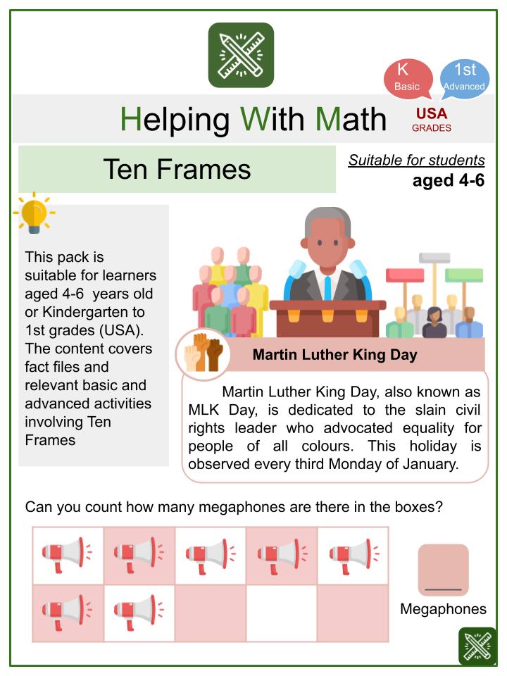 Ten Frames (Martin Luther King Day Themed) Math Worksheets