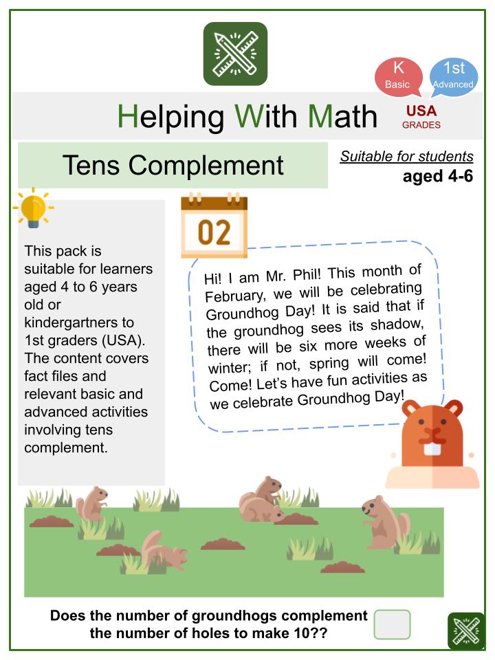 Tens Complement (Groundhog Day Themed) Math Worksheets