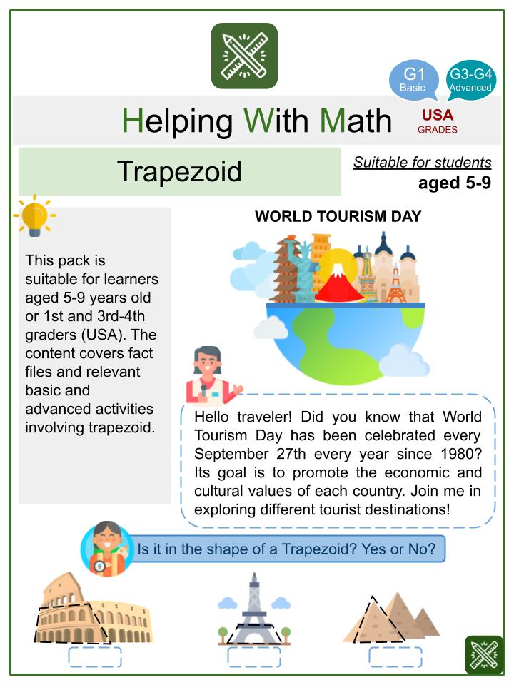 Trapezoid (World Tourism Day) Math Worksheets