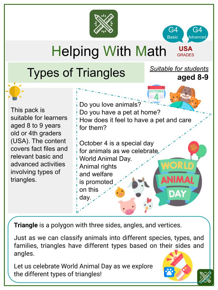 Types of Triangles (World Animal Day Themed) Math Worksheets