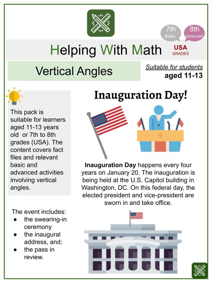 Vertical Angles (Inauguration Day Themed) Math Worksheets