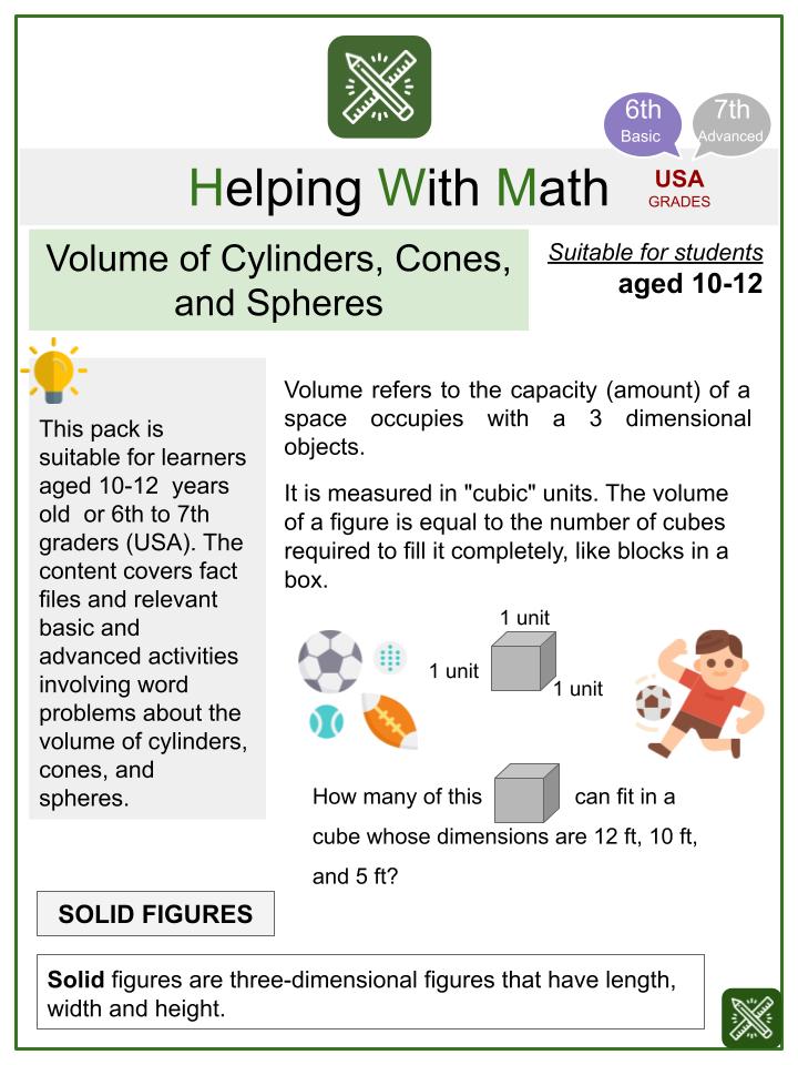 Volume of Cylinders, Cones, and Spheres (Sports Themed) Math Worksheets