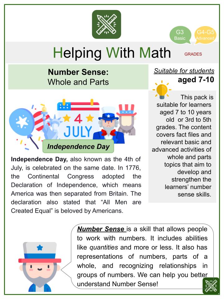 Whole and Parts (4th of July Themed) Math Worksheets