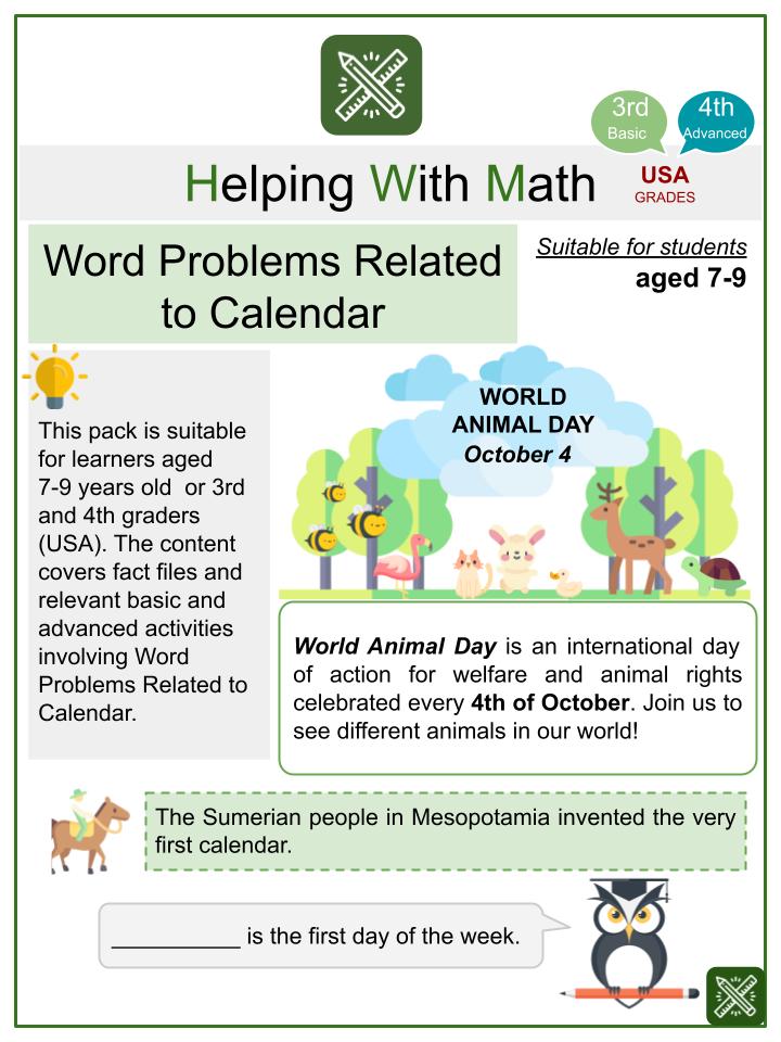 Word Problems Related to Calendar (World Animal Day Themed) Math Worksheets