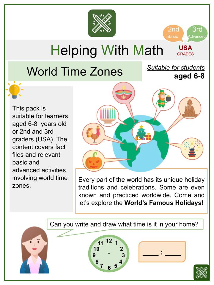 World Time Zones (World Holidays Themed) Math Worksheets