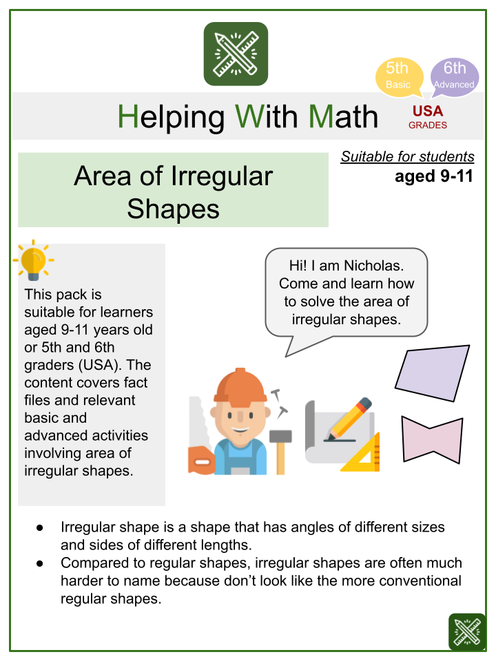 Area of Irregular Shapes (Skills Themed) Math Worksheets