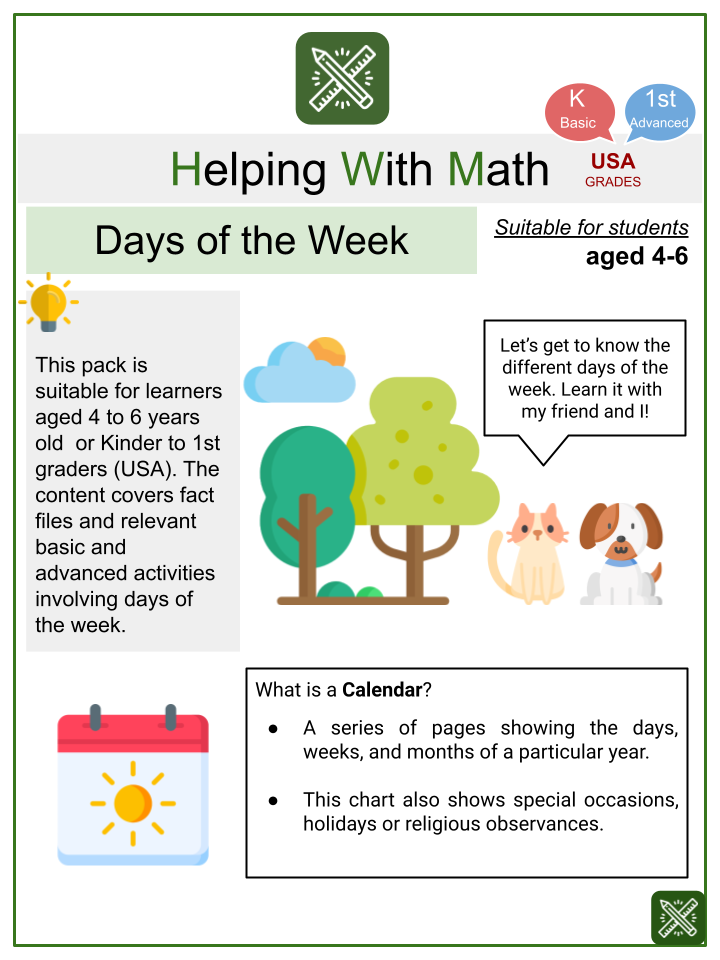 Calendar (Days of the Week) Animals Themed Math Worksheets