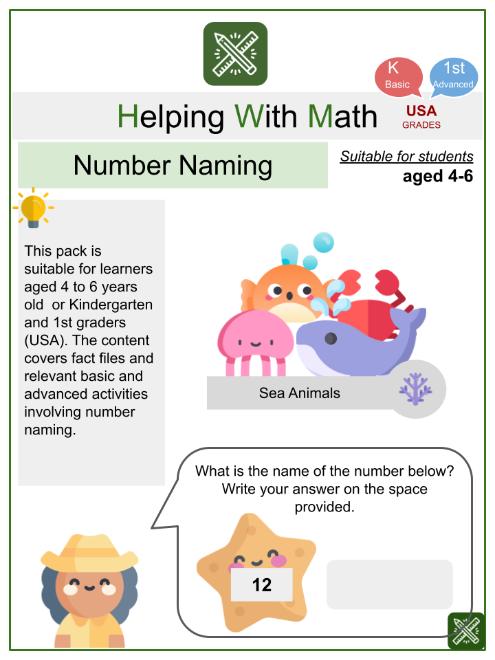 Number Naming (Sea Animals Themed) Math Worksheets