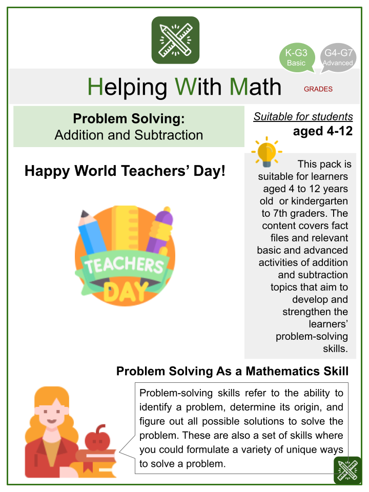 Problem Solving - Addition and Subtraction (World Teachers' Day Themed) Math Worksheets