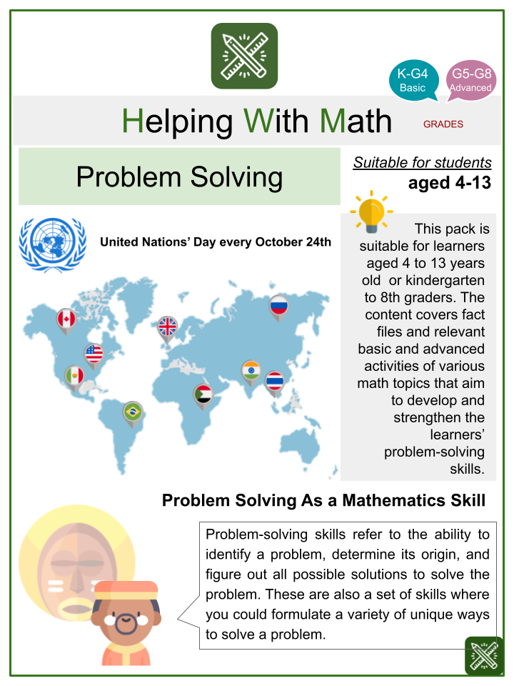Geometry and Measurement Problem Solving (United Nations' Day Themed) Math Worksheets