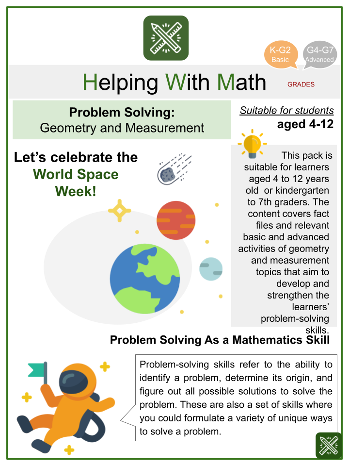 Geometry and Measurement Problem Solving (World Space Week Themed) Math Worksheets