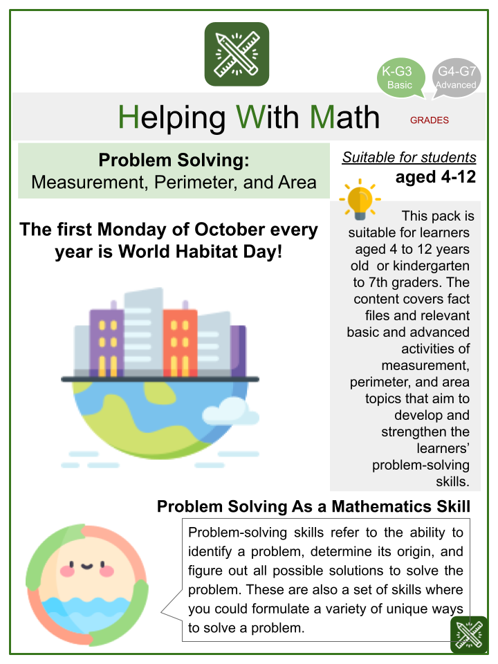 Measurement, Perimeter, and Area Problem Solving (World Habitat Day Themed) Math Worksheets
