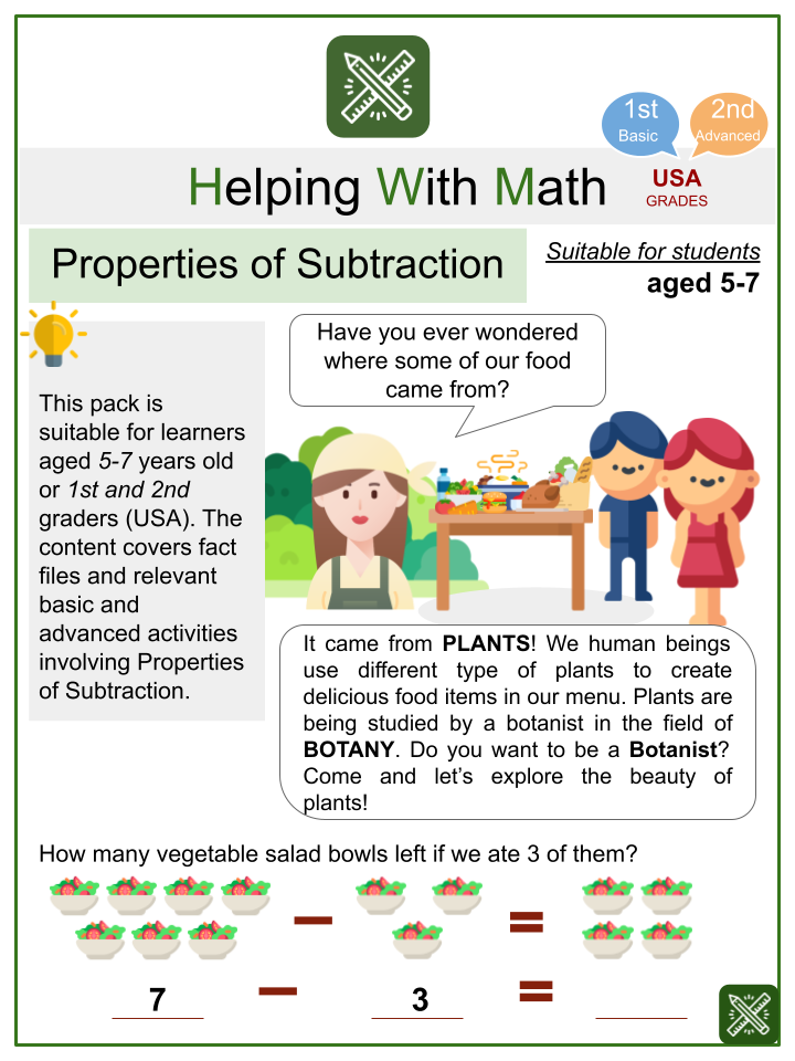 Properties of Subtraction (Botany Themed) Math Worksheets