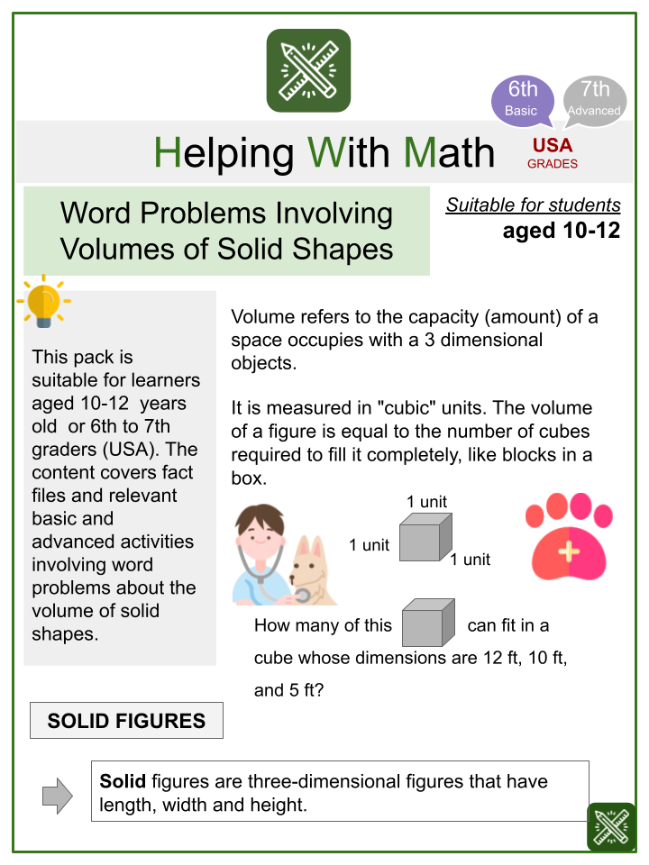 Word Problems Involving Volumes of Solid Shapes (Veterinary Themed) Worksheets